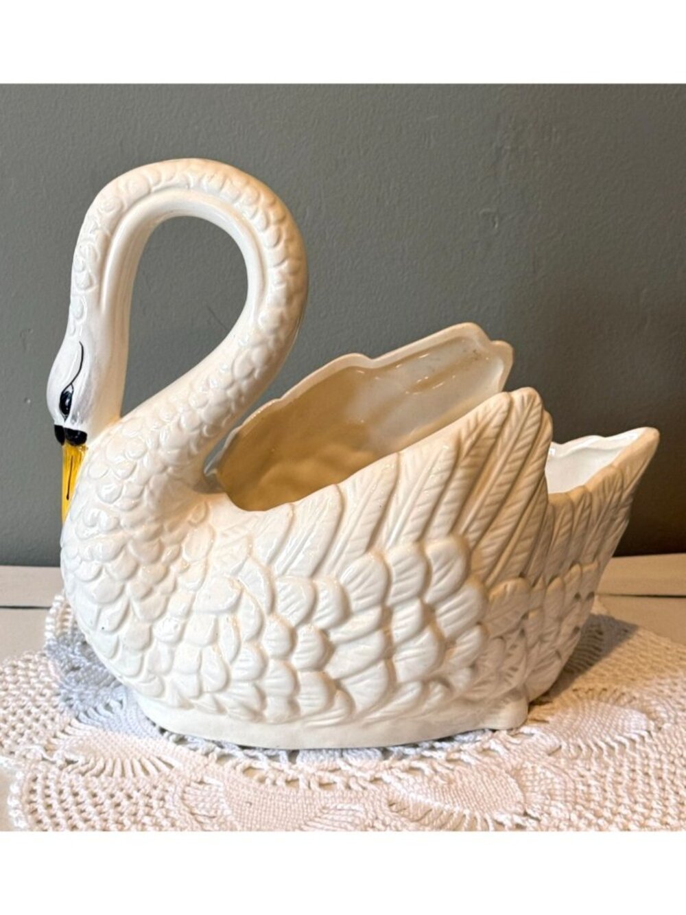 Vintage White Swan Planter Ceramic Swan Cachepot Cottage Chic Planter